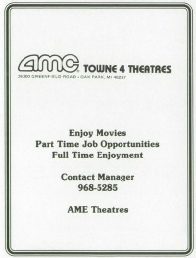 Towne Theatres 4 (AMC Towne 4 Theatres) - 1987 Berkley High Yearbook Ad